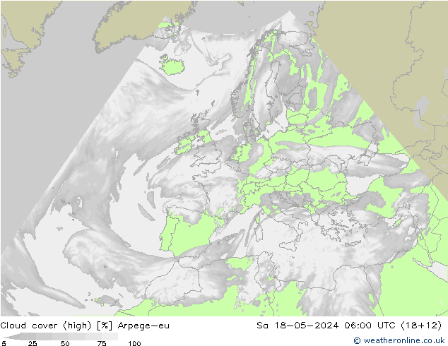 Cloud cover (high) Arpege-eu Sa 18.05.2024 06 UTC