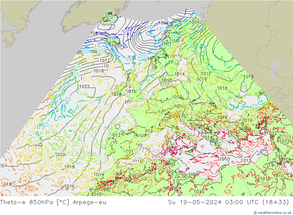 Theta-e 850hPa Arpege-eu Dom 19.05.2024 03 UTC