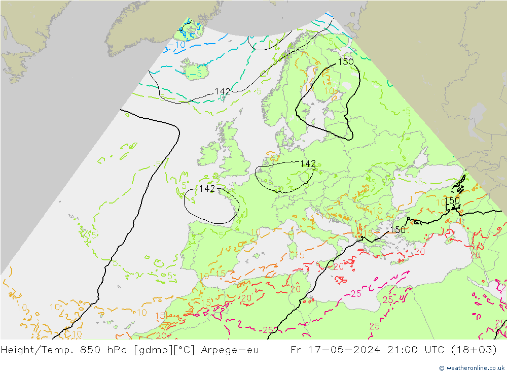 Hoogte/Temp. 850 hPa Arpege-eu vr 17.05.2024 21 UTC