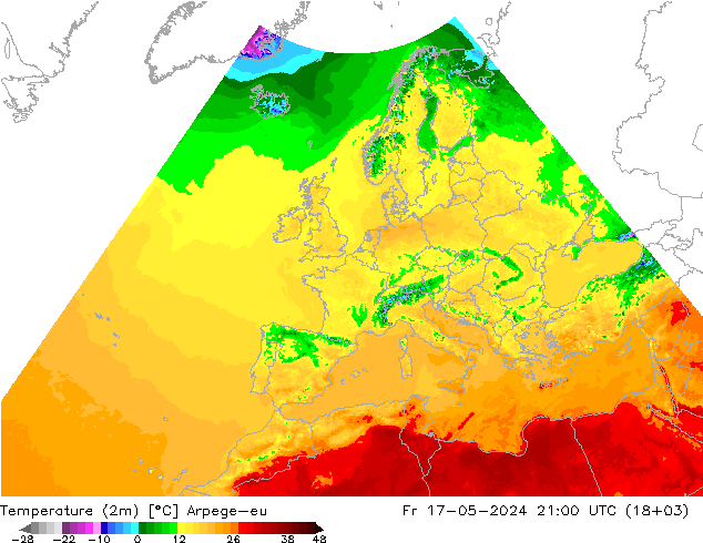 Temperatura (2m) Arpege-eu ven 17.05.2024 21 UTC