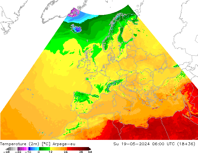 Temperaturkarte (2m) Arpege-eu So 19.05.2024 06 UTC