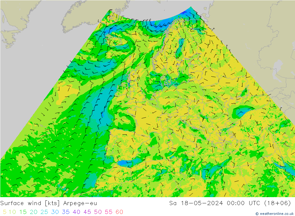 wiatr 10 m Arpege-eu so. 18.05.2024 00 UTC