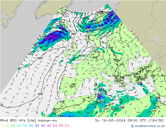 Wind 850 hPa Arpege-eu Ne 19.05.2024 09 UTC