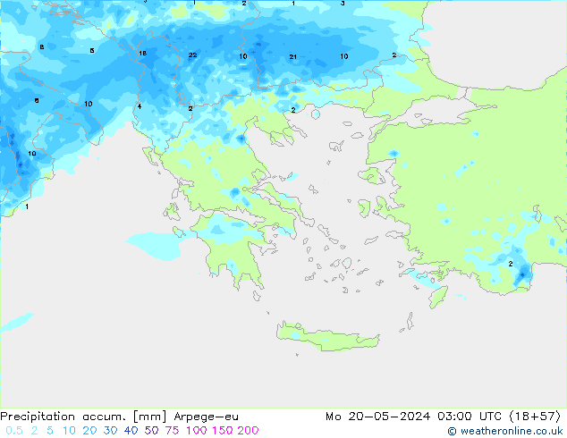 Totale neerslag Arpege-eu ma 20.05.2024 03 UTC