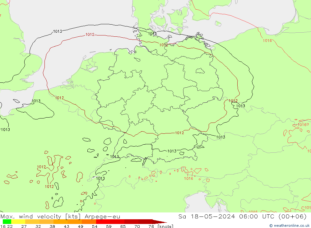 Max. wind velocity Arpege-eu 星期六 18.05.2024 06 UTC
