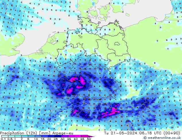 Precipitation (12h) Arpege-eu Tu 21.05.2024 18 UTC