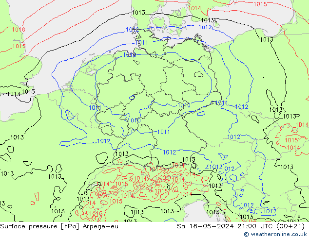 Atmosférický tlak Arpege-eu So 18.05.2024 21 UTC