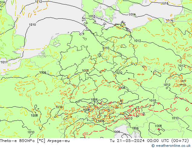 Theta-e 850hPa Arpege-eu Tu 21.05.2024 00 UTC