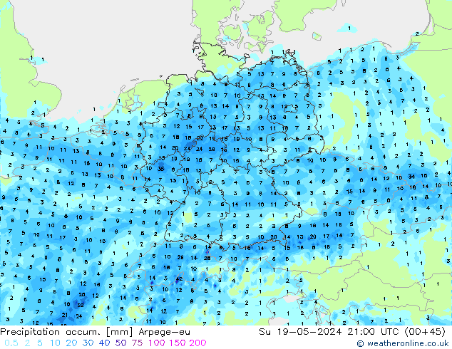 Precipitation accum. Arpege-eu Su 19.05.2024 21 UTC