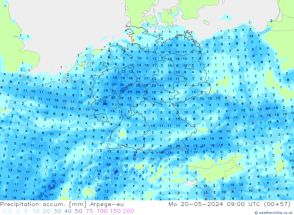 Precipitation accum. Arpege-eu Mo 20.05.2024 09 UTC