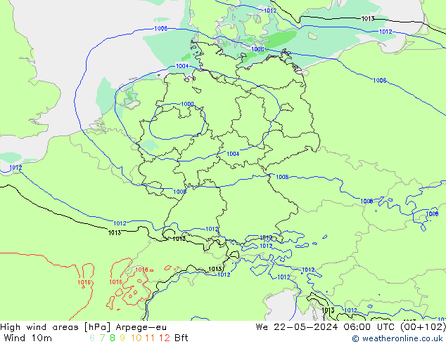 High wind areas Arpege-eu mer 22.05.2024 06 UTC