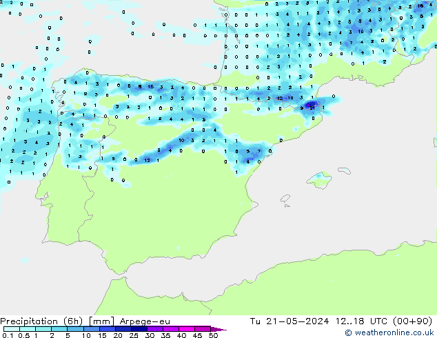 Precipitation (6h) Arpege-eu Tu 21.05.2024 18 UTC