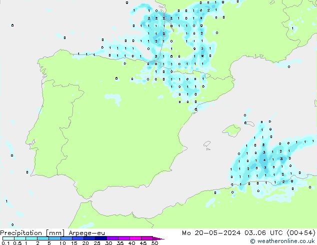 Precipitation Arpege-eu Mo 20.05.2024 06 UTC