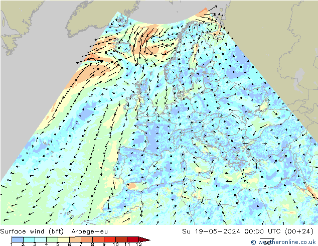 Surface wind (bft) Arpege-eu Su 19.05.2024 00 UTC