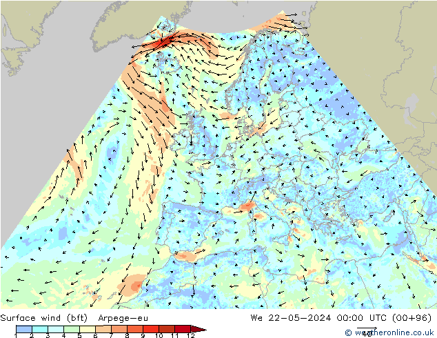 Surface wind (bft) Arpege-eu We 22.05.2024 00 UTC