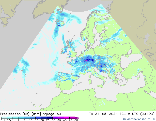 осадки (6h) Arpege-eu вт 21.05.2024 18 UTC