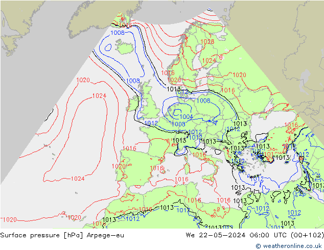 Pressione al suolo Arpege-eu mer 22.05.2024 06 UTC
