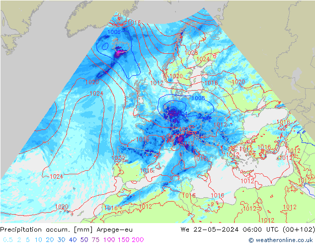 Precipitation accum. Arpege-eu śro. 22.05.2024 06 UTC
