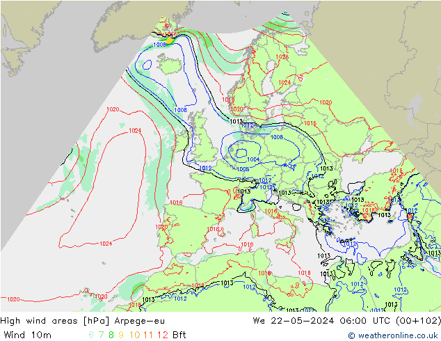 High wind areas Arpege-eu  22.05.2024 06 UTC