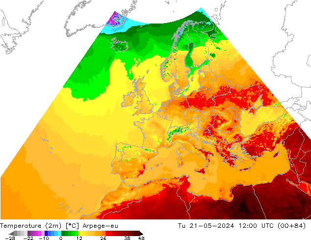 Temperatura (2m) Arpege-eu Ter 21.05.2024 12 UTC