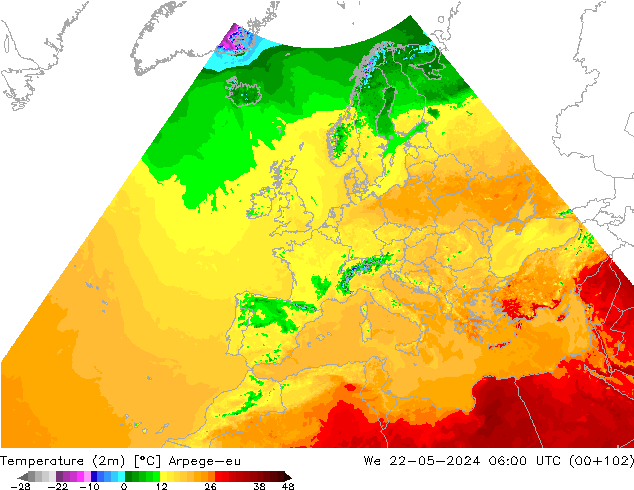 Temperatuurkaart (2m) Arpege-eu wo 22.05.2024 06 UTC