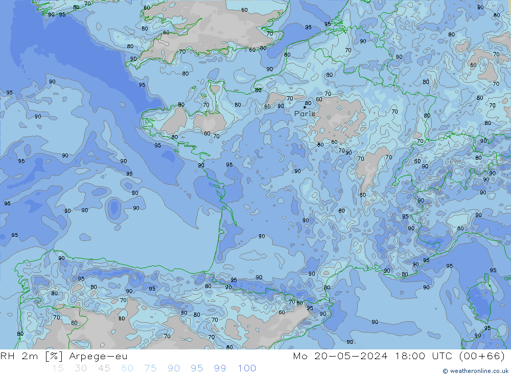 Humidité rel. 2m Arpege-eu lun 20.05.2024 18 UTC