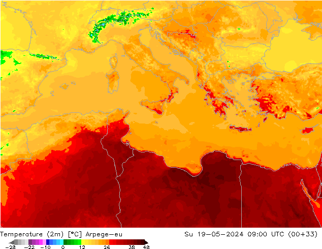 Sıcaklık Haritası (2m) Arpege-eu Paz 19.05.2024 09 UTC