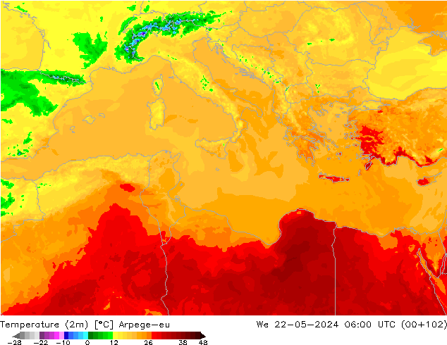 Sıcaklık Haritası (2m) Arpege-eu Çar 22.05.2024 06 UTC