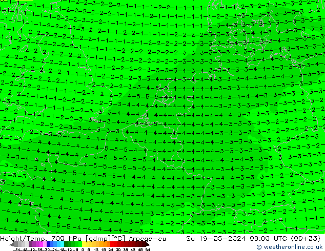 Hoogte/Temp. 700 hPa Arpege-eu zo 19.05.2024 09 UTC