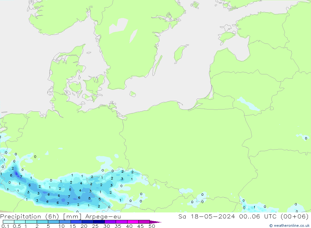 Precipitação (6h) Arpege-eu Sáb 18.05.2024 06 UTC