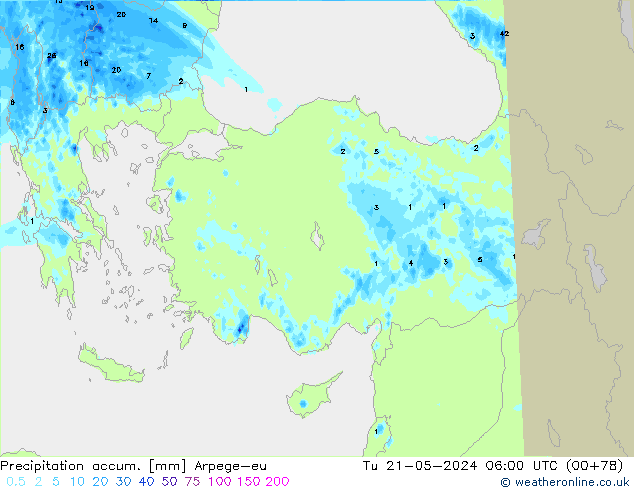 Precipitation accum. Arpege-eu Tu 21.05.2024 06 UTC