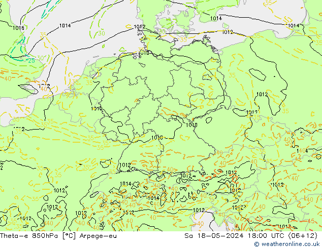 Theta-e 850hPa Arpege-eu 星期六 18.05.2024 18 UTC