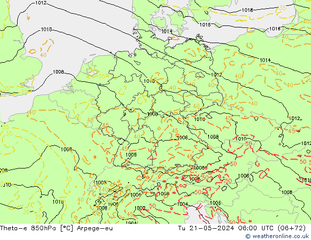 Theta-e 850hPa Arpege-eu Tu 21.05.2024 06 UTC