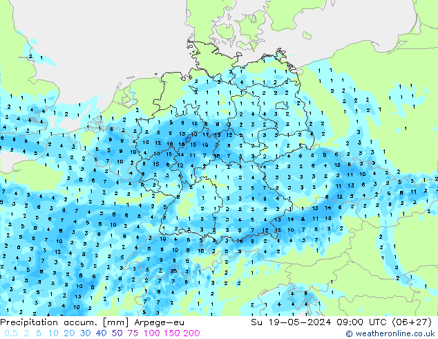 Totale neerslag Arpege-eu zo 19.05.2024 09 UTC