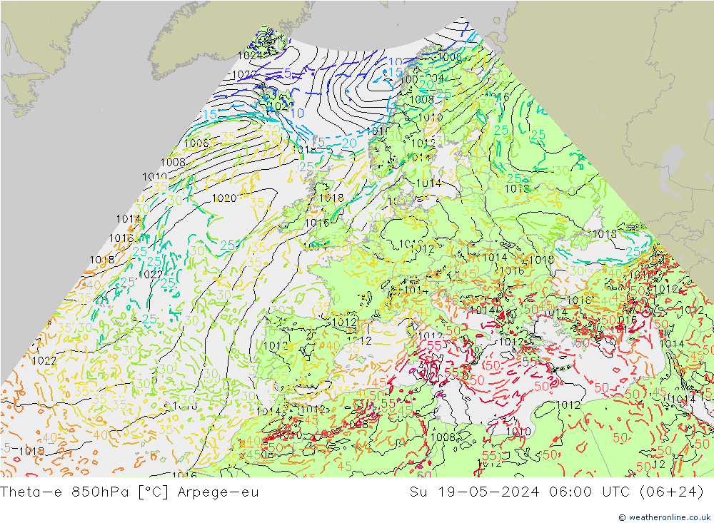 Theta-e 850hPa Arpege-eu Su 19.05.2024 06 UTC