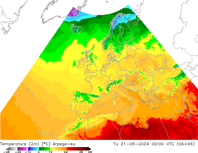Temperatuurkaart (2m) Arpege-eu di 21.05.2024 00 UTC