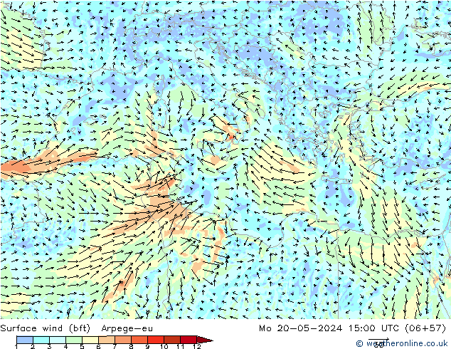 Wind 10 m (bft) Arpege-eu ma 20.05.2024 15 UTC