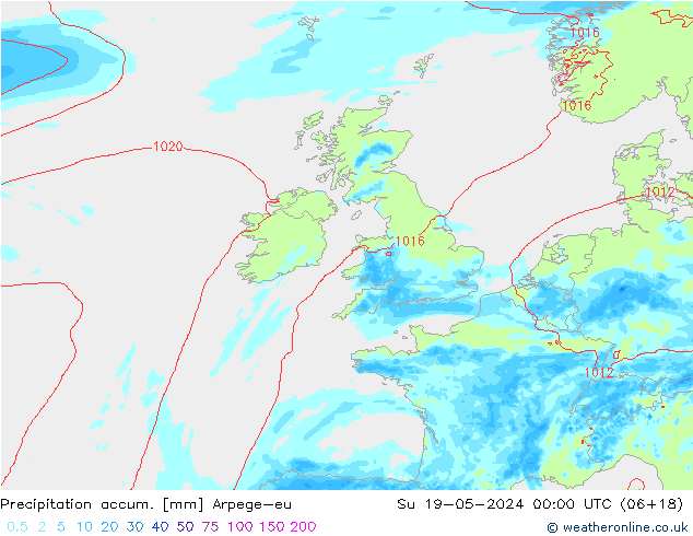 Precipitation accum. Arpege-eu Su 19.05.2024 00 UTC