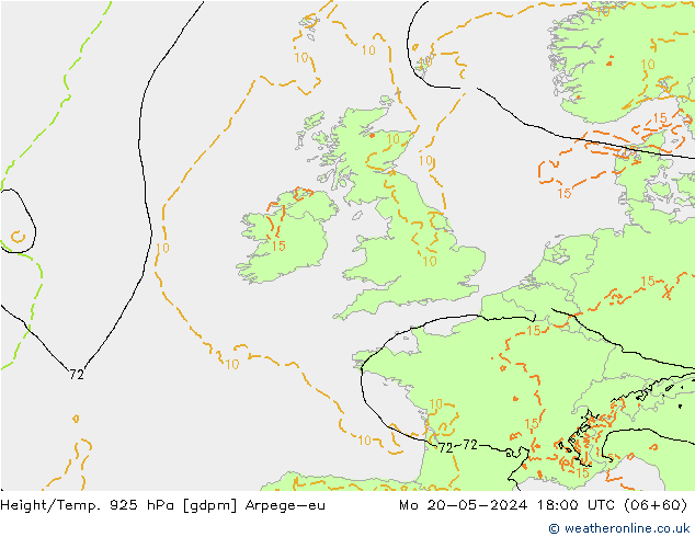 Height/Temp. 925 hPa Arpege-eu Mo 20.05.2024 18 UTC