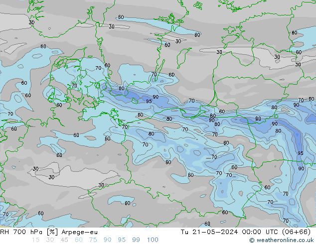 RH 700 hPa Arpege-eu wto. 21.05.2024 00 UTC