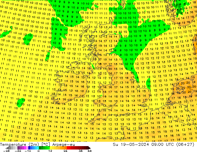 Temperatuurkaart (2m) Arpege-eu zo 19.05.2024 09 UTC