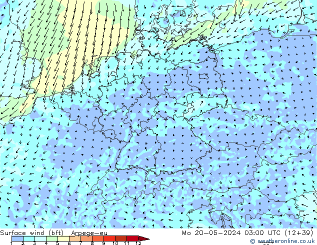Surface wind (bft) Arpege-eu Mo 20.05.2024 03 UTC