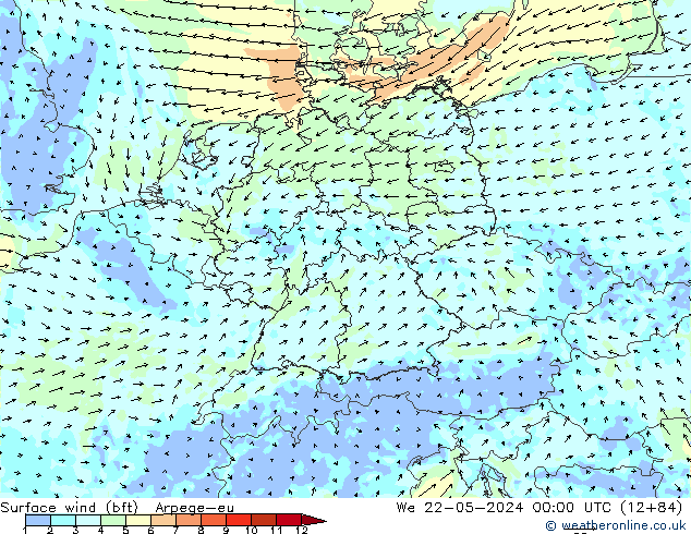 Surface wind (bft) Arpege-eu We 22.05.2024 00 UTC