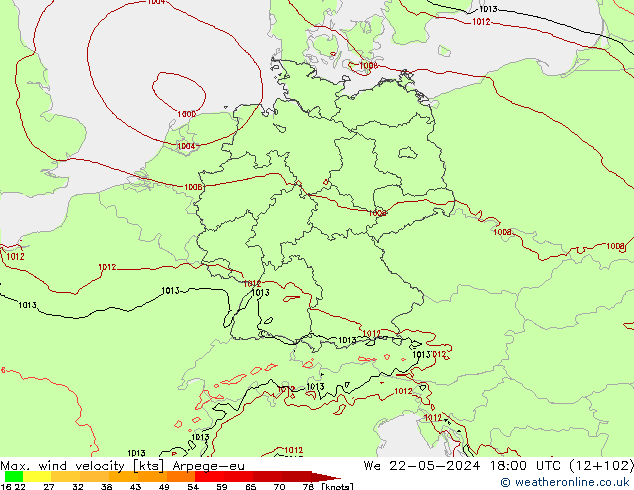 Max. wind velocity Arpege-eu  22.05.2024 18 UTC
