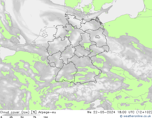 Cloud cover (low) Arpege-eu We 22.05.2024 18 UTC