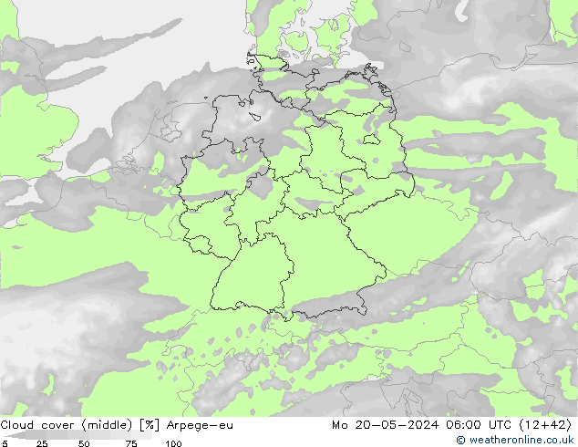 Cloud cover (middle) Arpege-eu Mo 20.05.2024 06 UTC