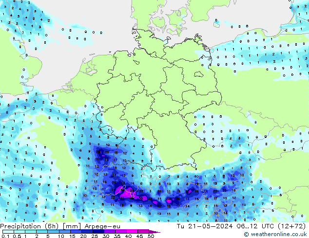 Precipitation (6h) Arpege-eu Tu 21.05.2024 12 UTC