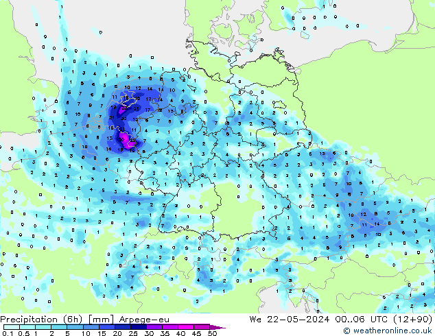 Precipitação (6h) Arpege-eu Qua 22.05.2024 06 UTC