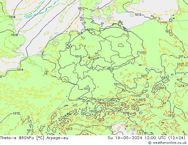 Theta-e 850hPa Arpege-eu Su 19.05.2024 12 UTC