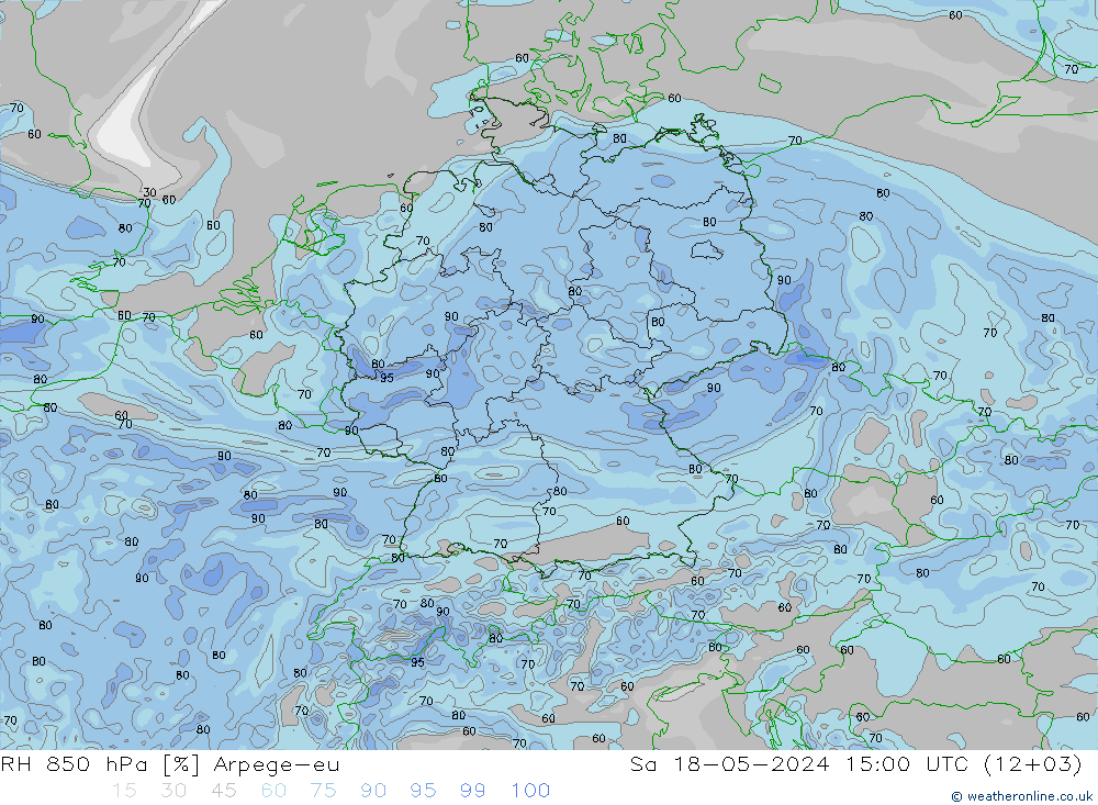 RH 850 hPa Arpege-eu Sa 18.05.2024 15 UTC